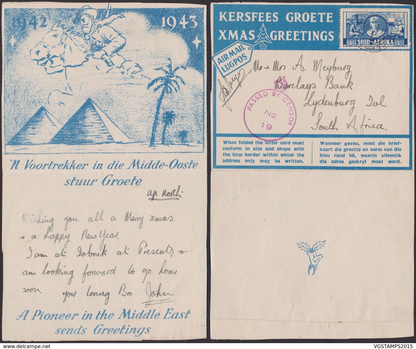 Afrique Du Sud 1943 - Lettre Air Mail Publicitaire Noêl - Guerre 40-45- Thématique Chevaux, Pyramide (3G23468) DC0039 - Africa (Other)