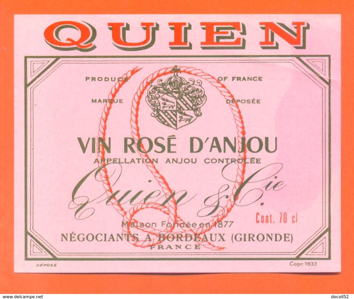 étiquette De Vin Rosé D'anjou Quien Et Cie à Bordeaux - 70 Cl - Rosé (Schillerwein)