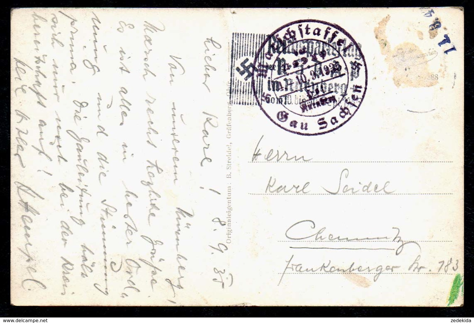 B7581 - Gräfenberg - Stempel Gau Sachsen Marschstaffel 2. WK WW - B. Streidel - Forchheim