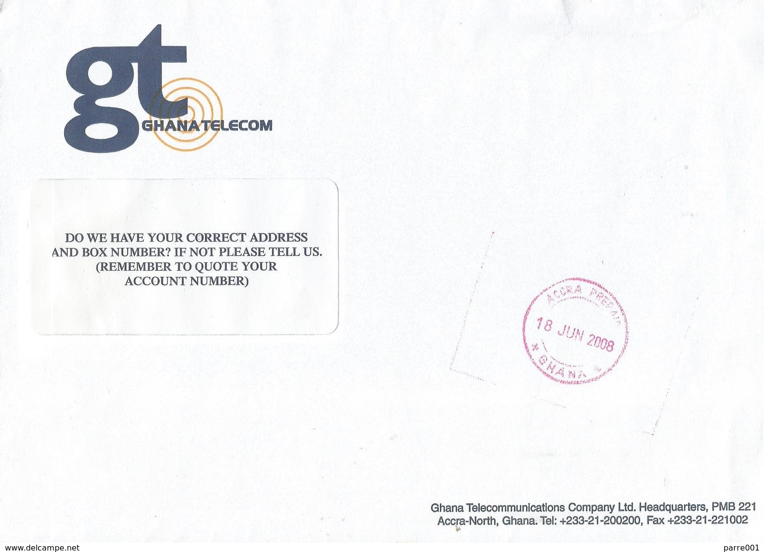 Ghana 2008 Accra Prepaid 30 Mm Ghana Telecom Unfranked Postage Paid Cover - Ghana (1957-...)