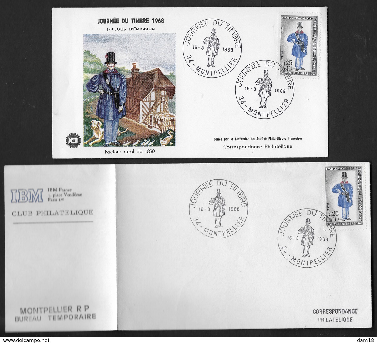 FRANCE N° 1549 2 ENVELOPPES  FACTEUR JOURNEE DU TIMBRE FDC CàD MONTPELLIER (34) GF 1er JOUR - Briefe U. Dokumente