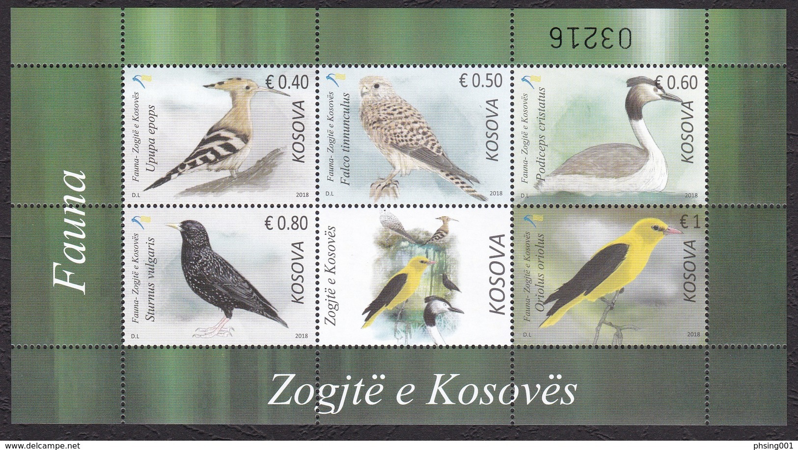 Kosovo 2018 Fauna, Birds, Hoopoe Common Kestrel Falcon Great Crested Grebe Common Starling Golden Oriole MNH - Kosovo