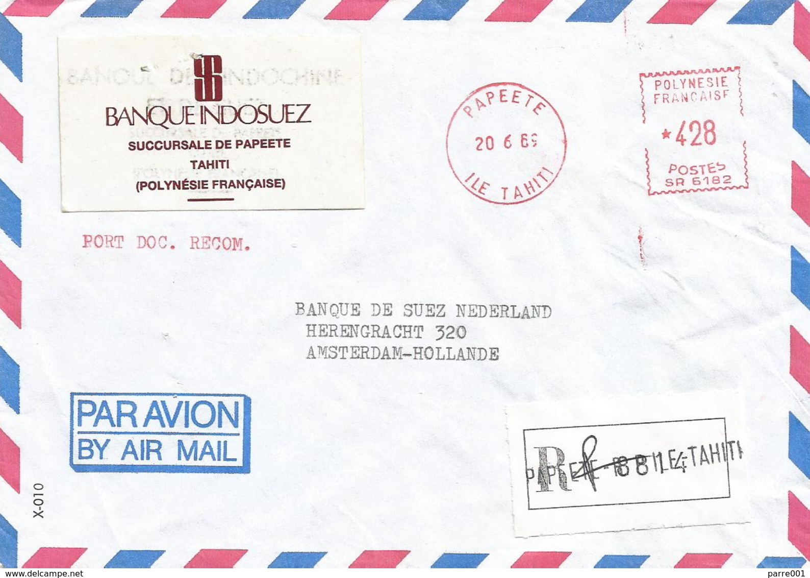 French Polynesie 1989 Papeete Meter Banque Indosuez Satas “R” SR 6182 EMA Registered Cover - Brieven En Documenten