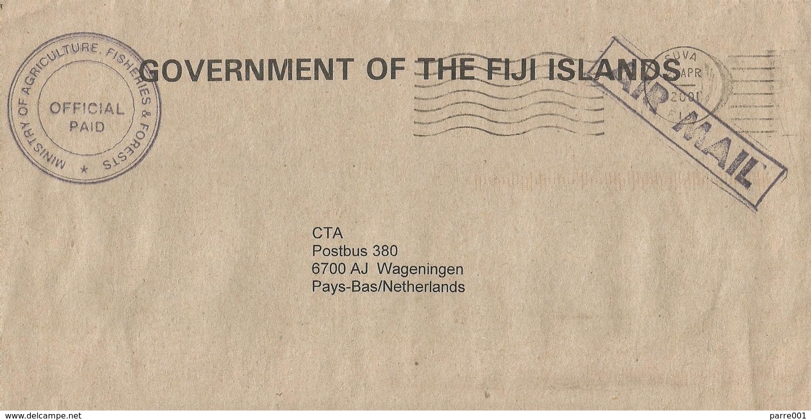Fiji 2001 Suva Unfranked Official Ministry Postage Paid Cover - Fidji (1970-...)
