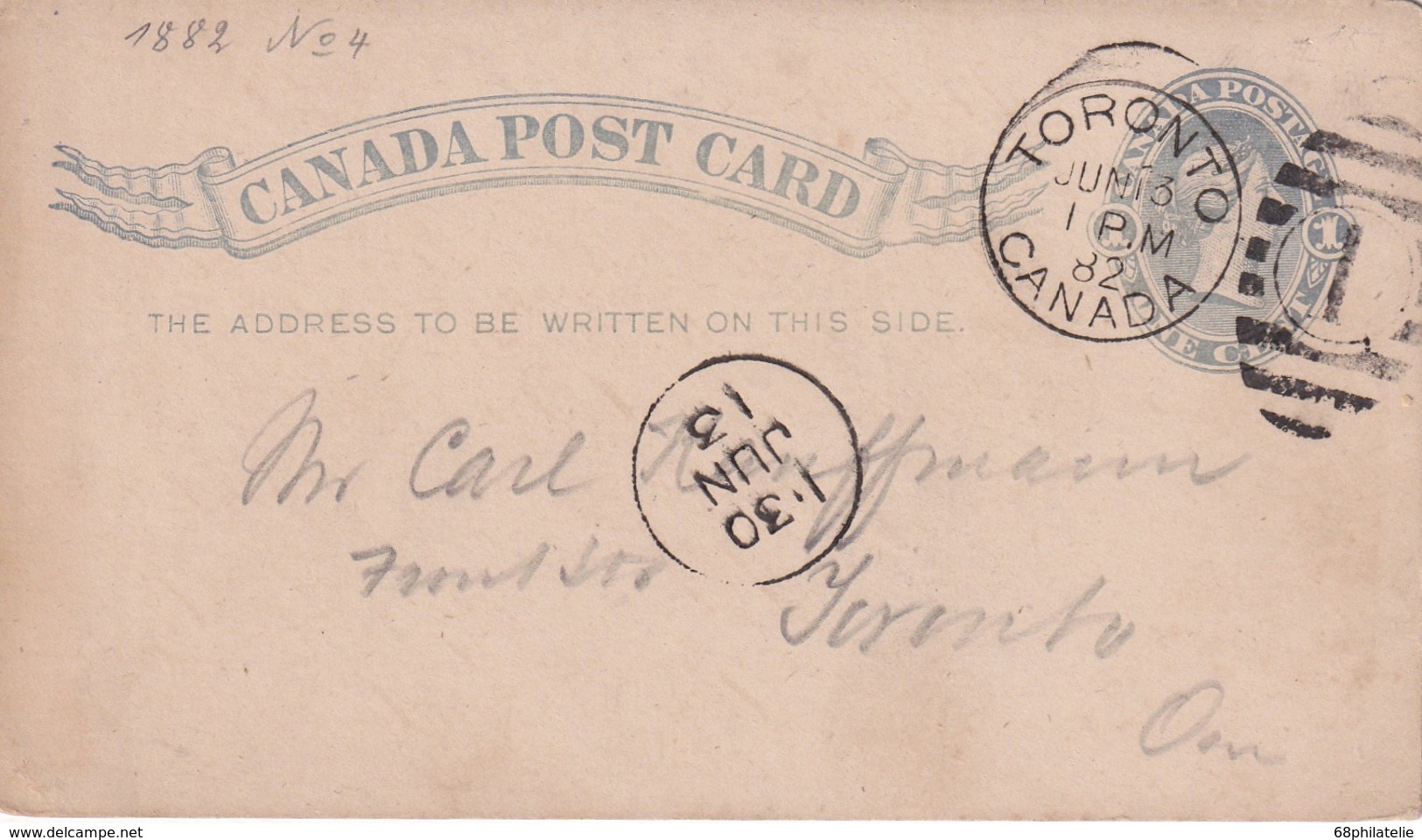 CANADA 1882 ENTIER POSTAL CARTE DE TORONTO - 1860-1899 Règne De Victoria