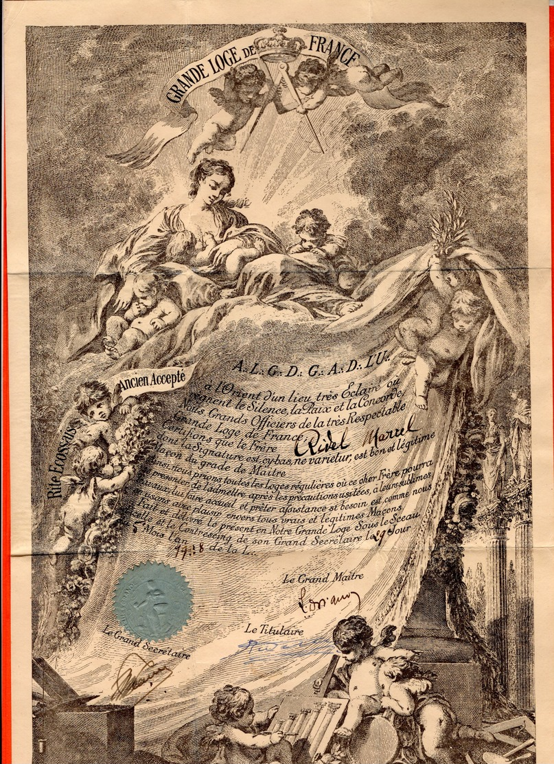 FRANC-MAÇONNERIE - GRANDE LOGE DE FRANCE - DIPLÔME DE MAÎTRE - 1938 - Religion &  Esoterik