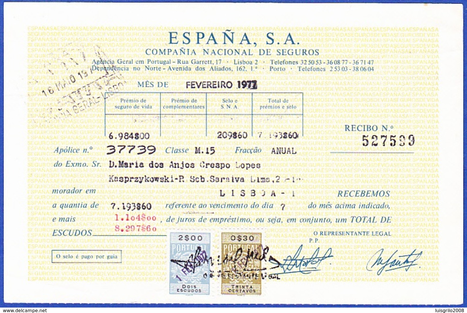 Invoice/ Receipt - España, Compañia Nacional De Seguros, Madrid / Agencia Lisboa - 1977 - Espagne