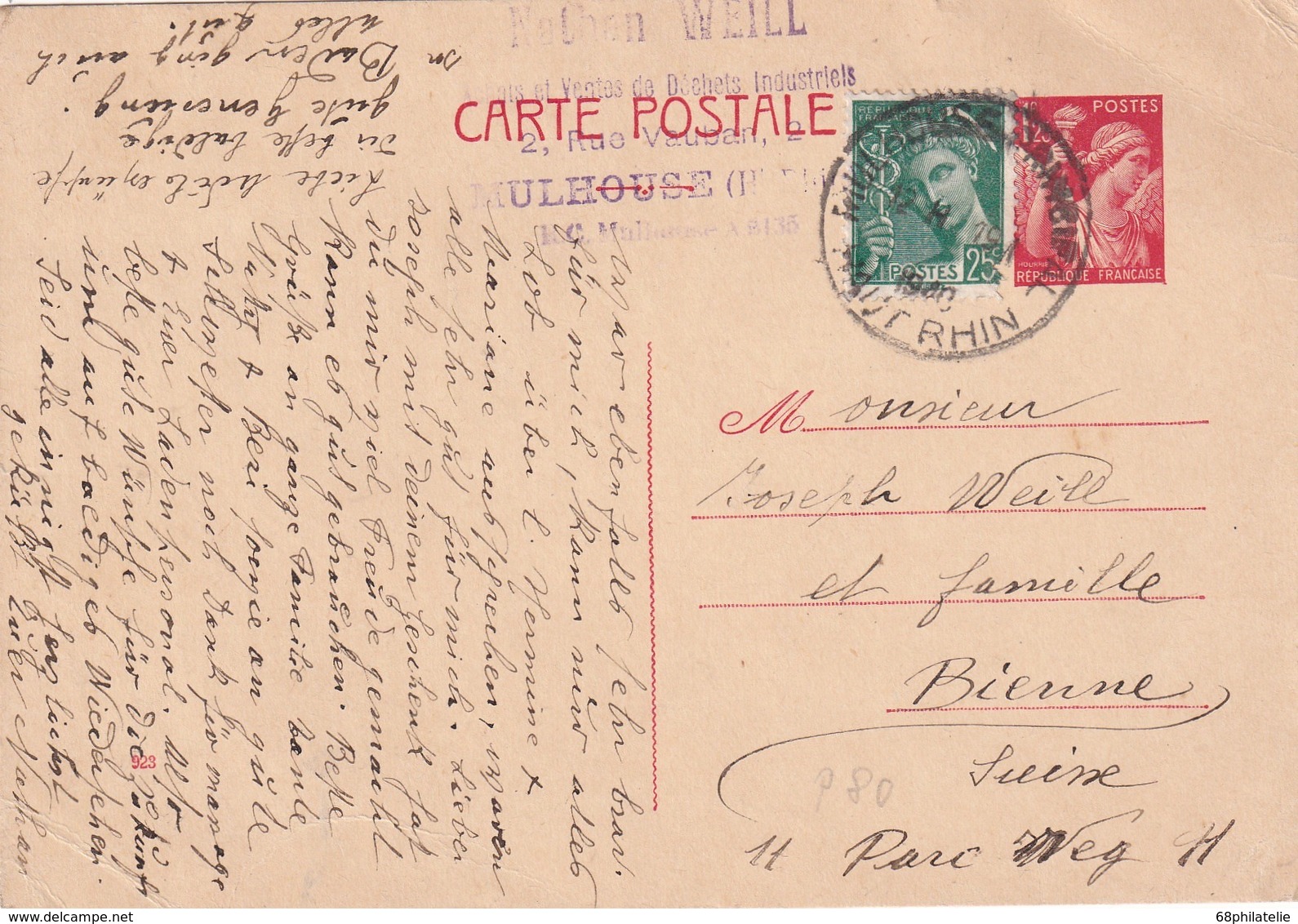 FRANCE 1940  ENTIER POSTAL CARTE DE MULHOUSE POUR BIENNE - Cartes Postales Types Et TSC (avant 1995)