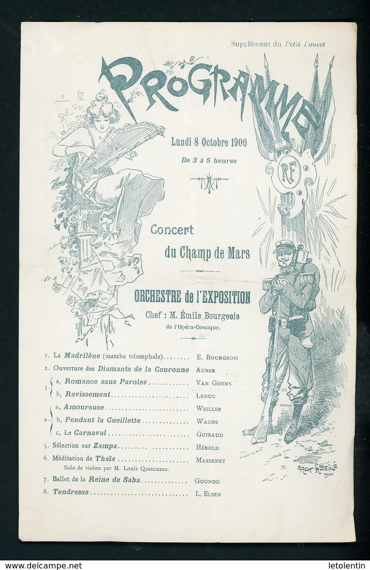 PROGRAMME  CONCERT DU CHAMP DE MARS LE 8 OCTOBRE 1900 (13X20 CM) PARIS ?? - Programs