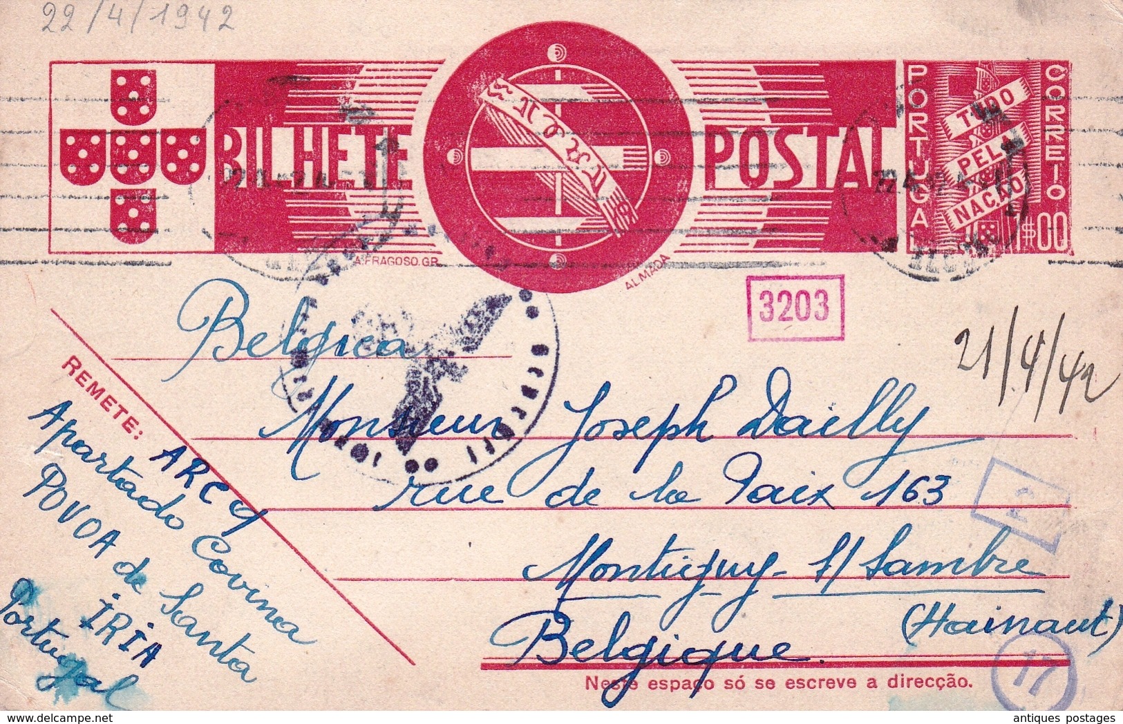 Carte Postale Póvoa De Santa Iria Portugal 1942 Censure Censor Seconde Guerre Mondiale WW2 - Lettres & Documents