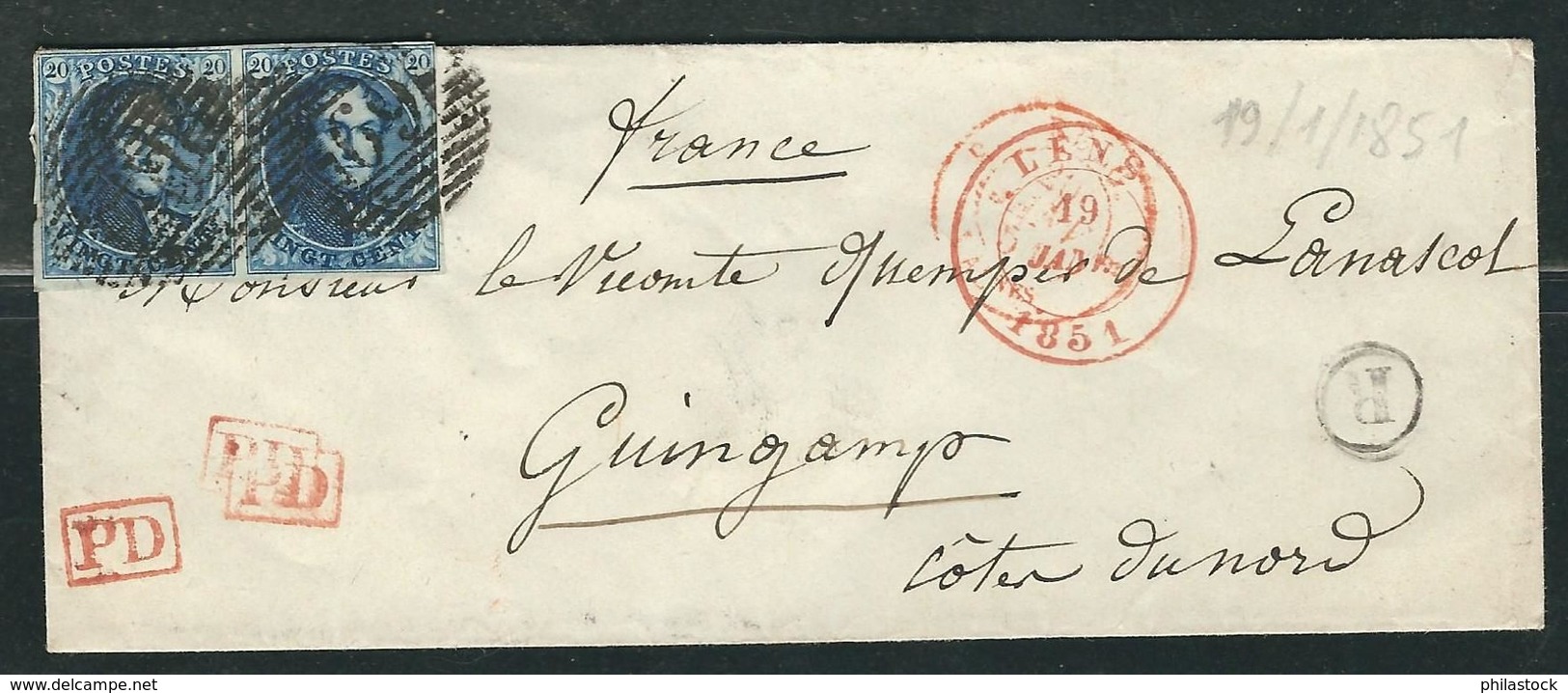 BELGIQUE 1851 N° 7 Paire S/lettre Entière  Pour Guingamp - 1858-1862 Medaillen (9/12)