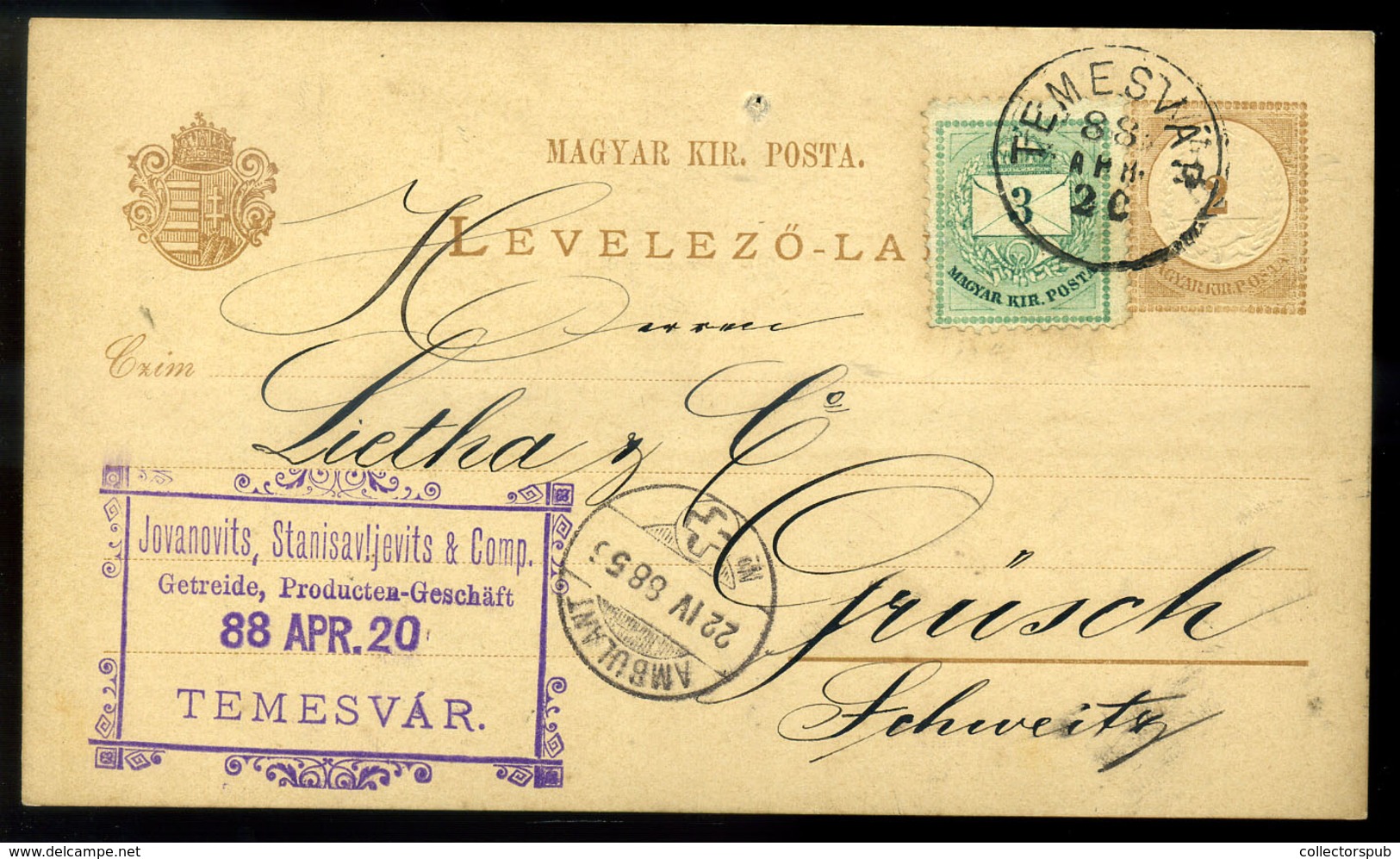 TEMESVÁR 1888. Kiegészített Díjjegyes Levlap, Cégbélyegzéssel Svájcba Küldve  /  TEMESVÁR 1888 Uprated Stationery P.card - Postal Stationery