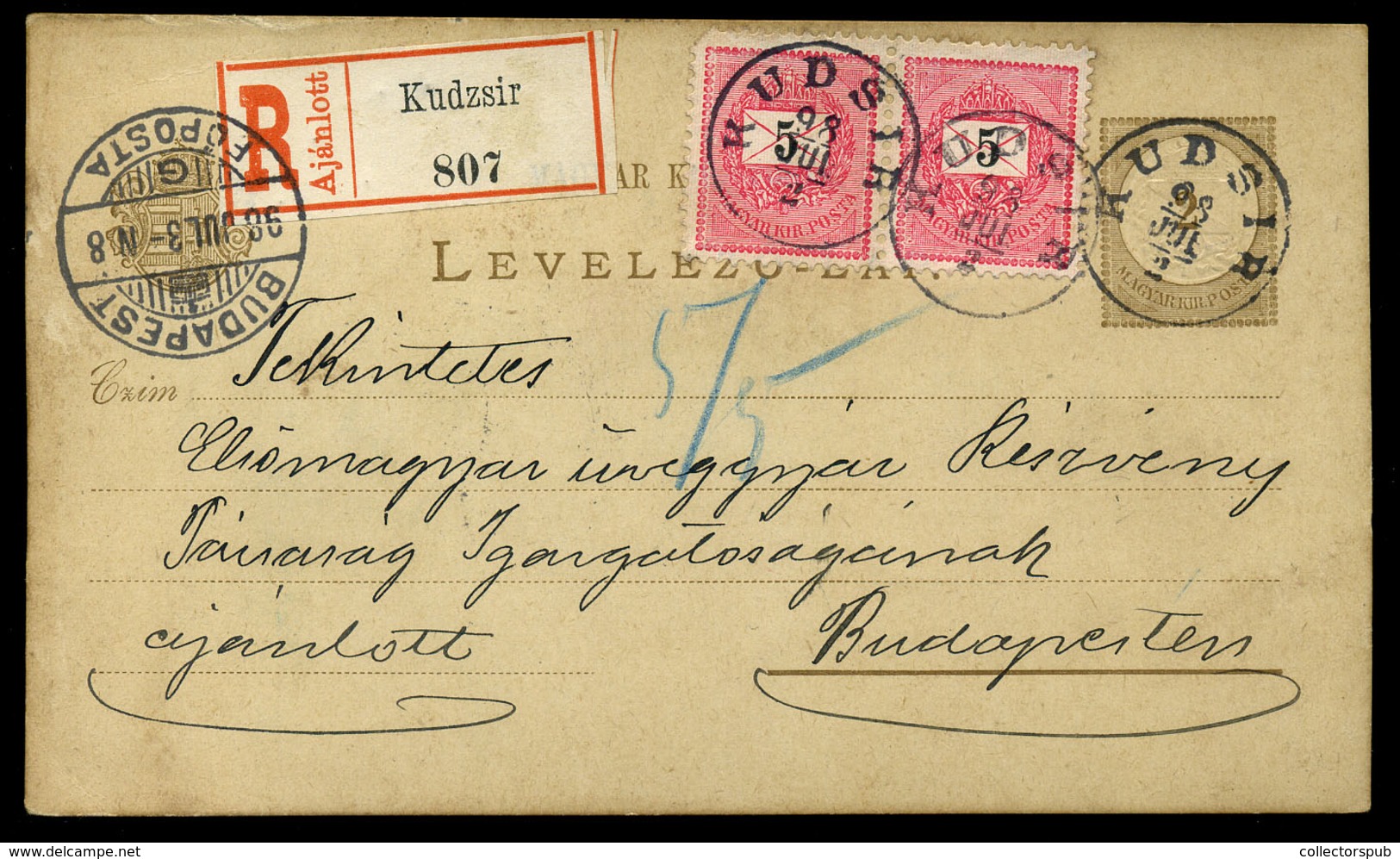 KUDSIR 1898. Ajánlott, 5kr Párral Kiegészített  Díjjegyes Levlap Budapestre Küldve  /  KUDSIR 1898 Reg. 5 Kr Pair Uprate - Postal Stationery