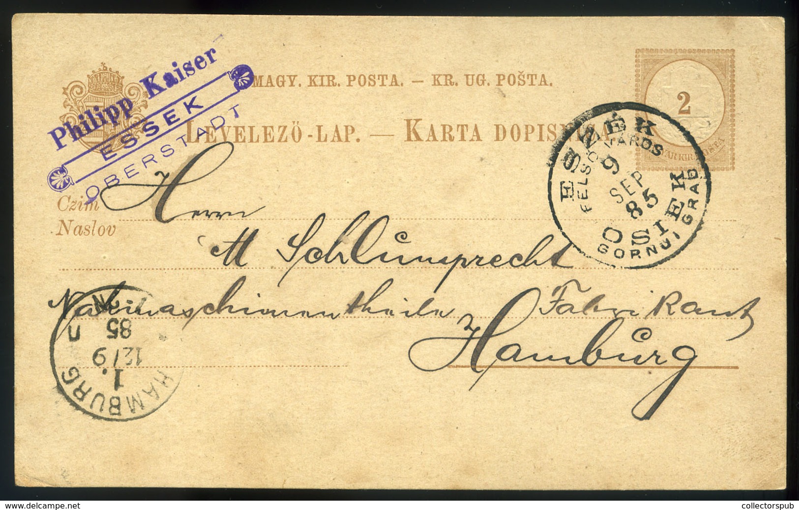 ESZÉK 1885. Díjjegyes Levlap, Luxus Kétnyelvű Bélyegzéssel, Céges Bélyegzéssel  /  ESZÉK 1885 Stationery P.card Bilingua - Used Stamps