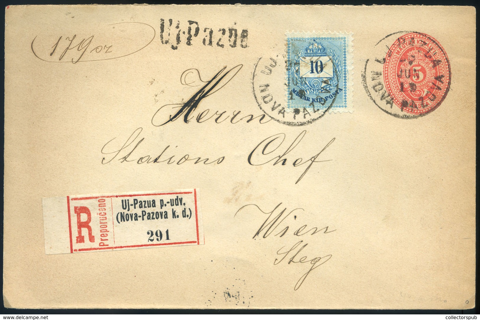 ÚJPAUZA 1897. Kiegészített Ajánlott Díjjegyes Boríték, Ritka Pályaudvari Bélyegzéssel Bécsbe  /  ÚJPAUZA 1897 Uprated Re - Used Stamps