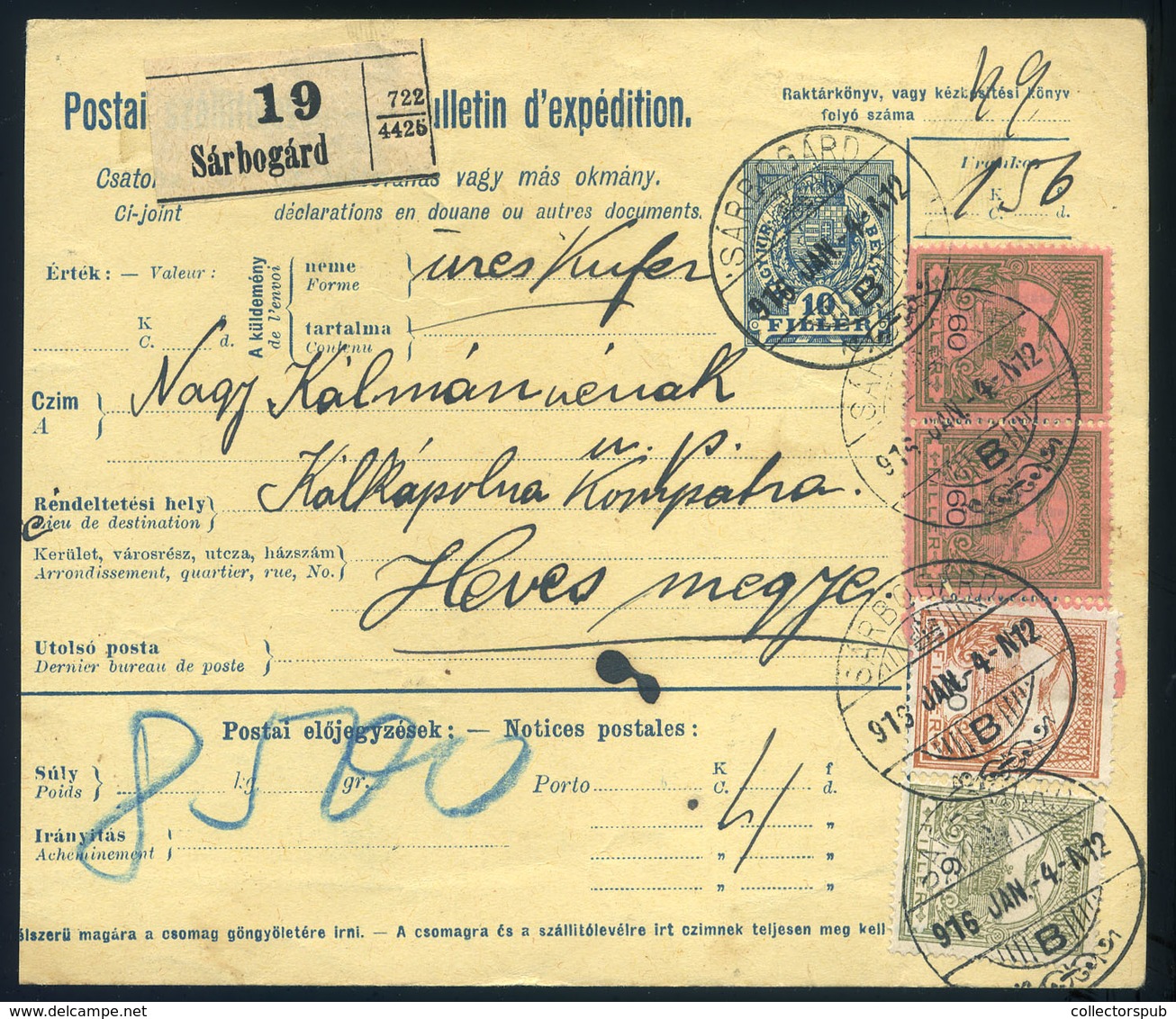 SÁRBOGÁRD 1916. Csomagszállító Kápolnára Küldve - Used Stamps