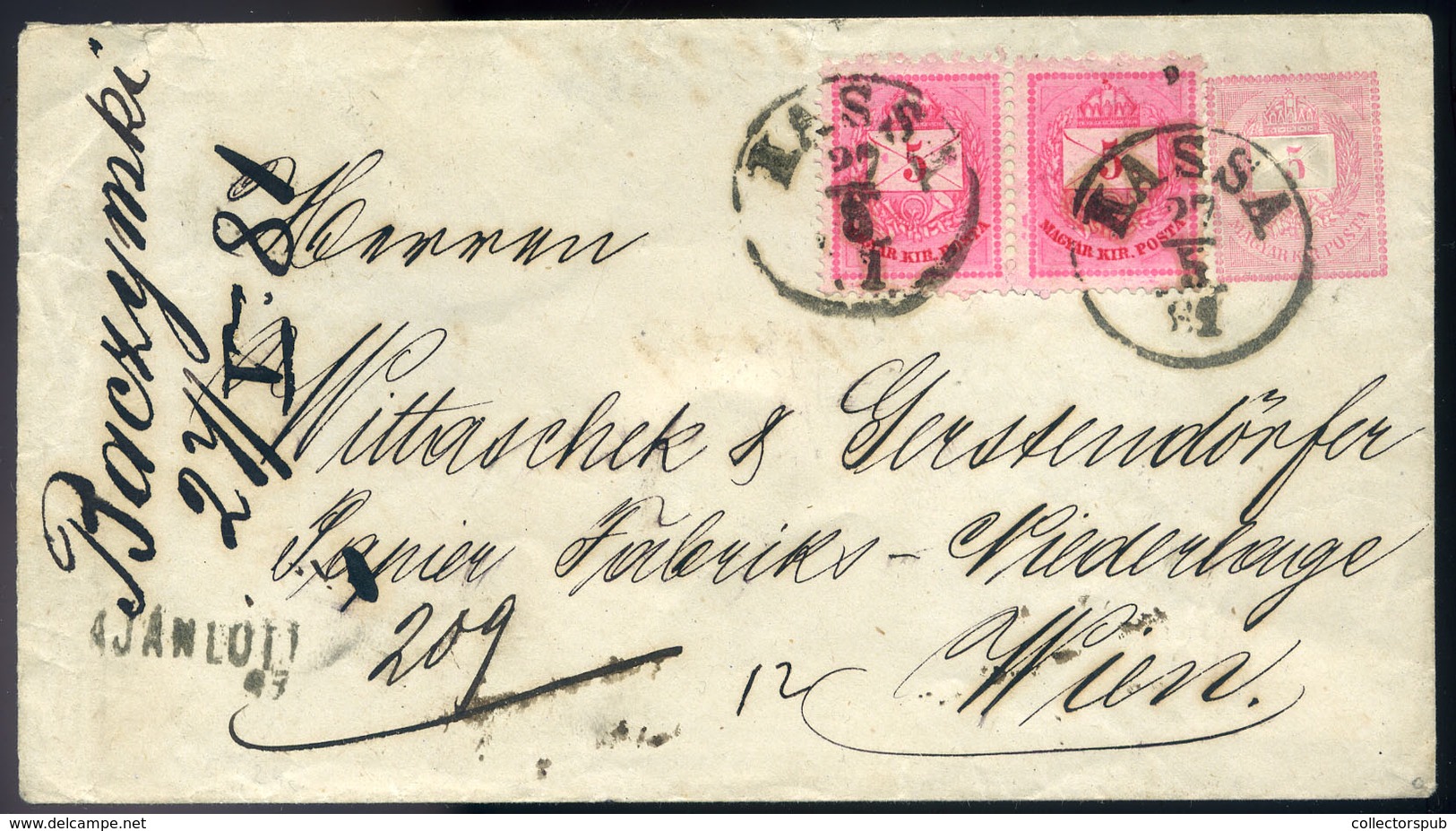 KASSA 1881. Kr Párral Kiegészített 5kr-os Díjjegyes Boríték Bécsbe Küldve. Szép Darab!  /  KASSA 1881 Kr Pair Uprated 5  - Used Stamps