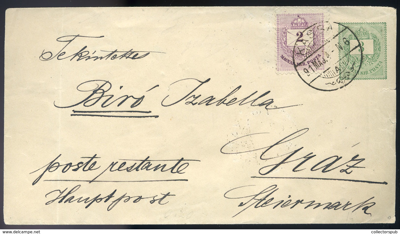 KASSA 1891. 2Kr-ral Kiegészített 3kr Díjjegyes Boríték Grázba Küldve. Szép Darab!  /  KASSA 1891 2 Kr Uprated 3 Kr Stati - Used Stamps