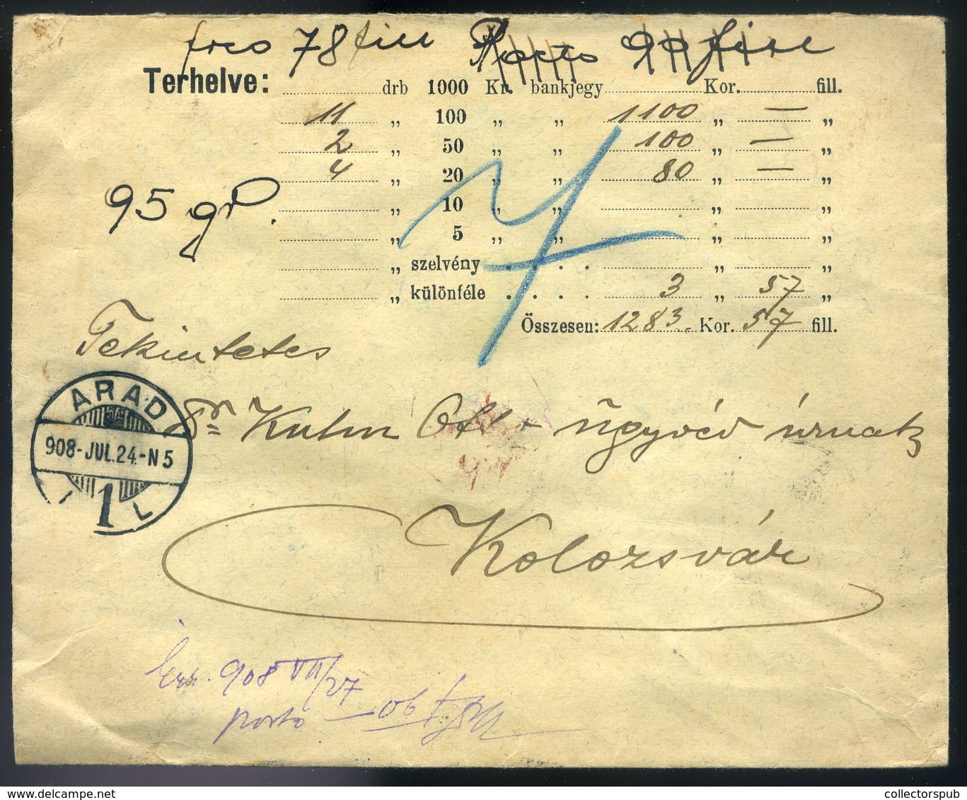 ARAD 1908. Szép értéklevél Kolozsvárra Küldve  /  ARAD 1908 Nice Money Letter To Kolozsvár - Used Stamps