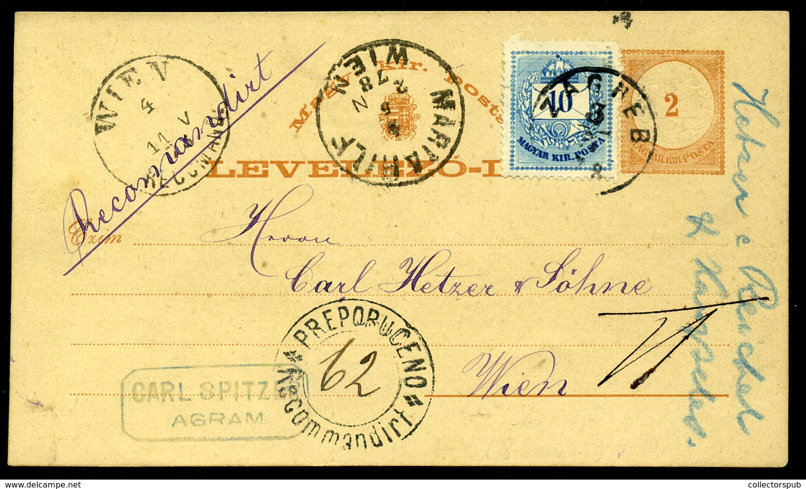 ZÁGRÁB 1878 Kiegészített Ajánlott Díjjegyes Levlap Bécsbe Küldve  /  ZAGREB 1878 Uprated Reg. Stationery P.card To Vienn - Used Stamps