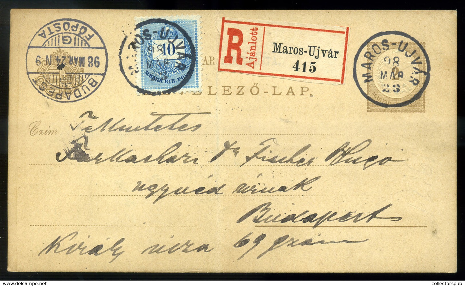 MAROSÚJVÁR 1898.  Kiegészített Ajánlott Díjjegyes Levlap Budapestre Küldve  /  MAROSÚJVÁR 1898 Uprated Reg. Stationery P - Used Stamps