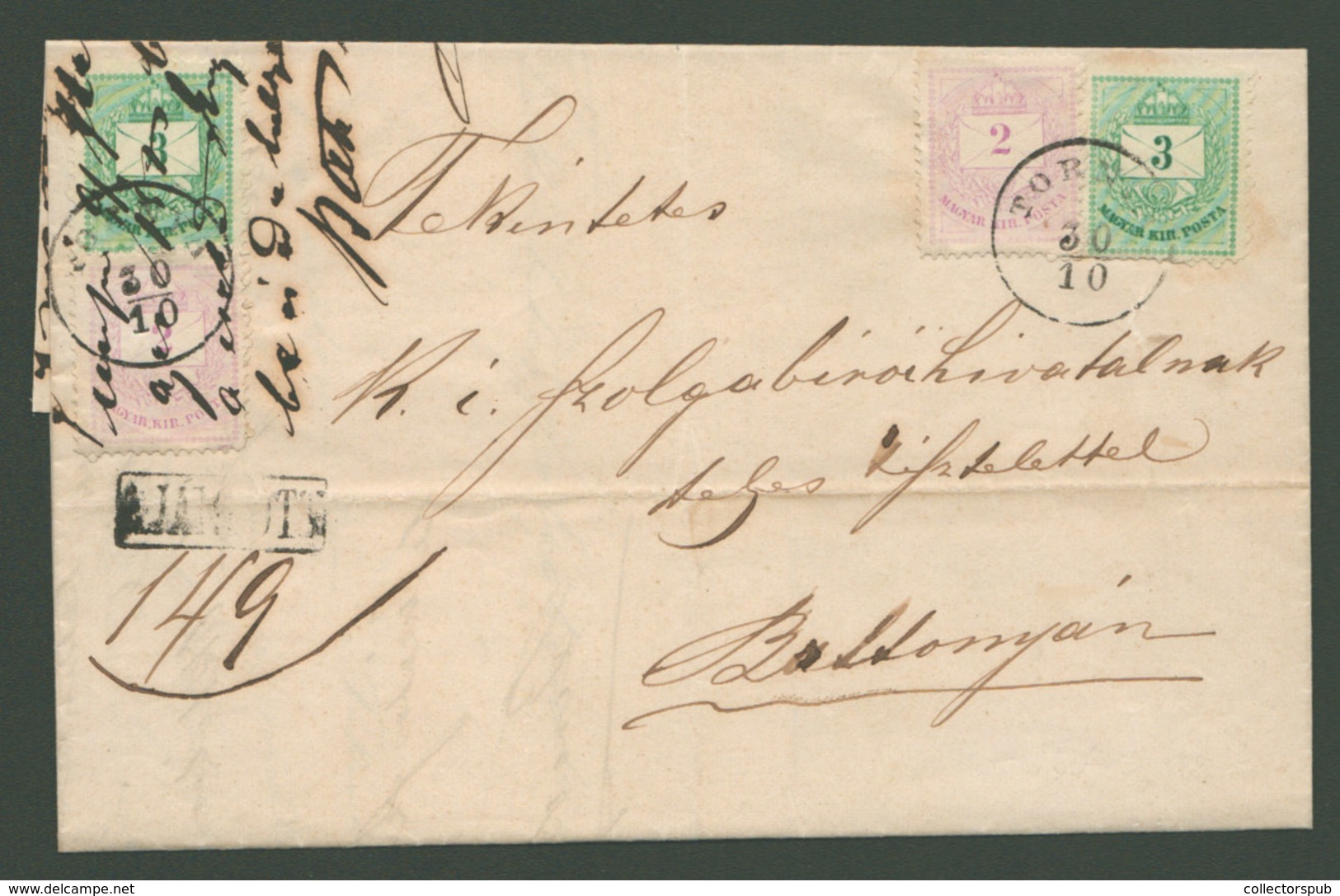 TORNYA / Turnu 1879, Krajcáros Ajánlott Levél 3*3Kr +3*2Kr Bérmentesítéssel Battonyára Küldve  /  TORNYA 1879 Kr Reg. Le - Gebraucht