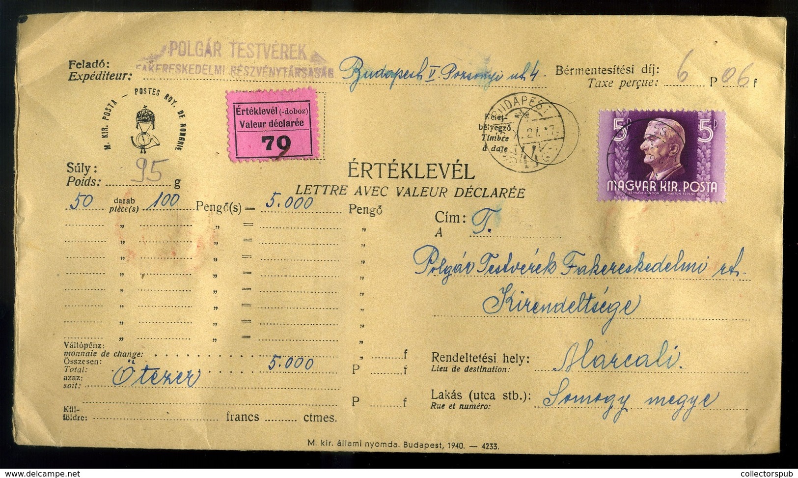 BUDAPEST 1942. Szép értéklevél, 12 Bélyeges Bérmentesítéssel, Közte Horthy 5P Marcaliba Küldve  /  BUDAPEST 1942 Nice Mo - Covers & Documents