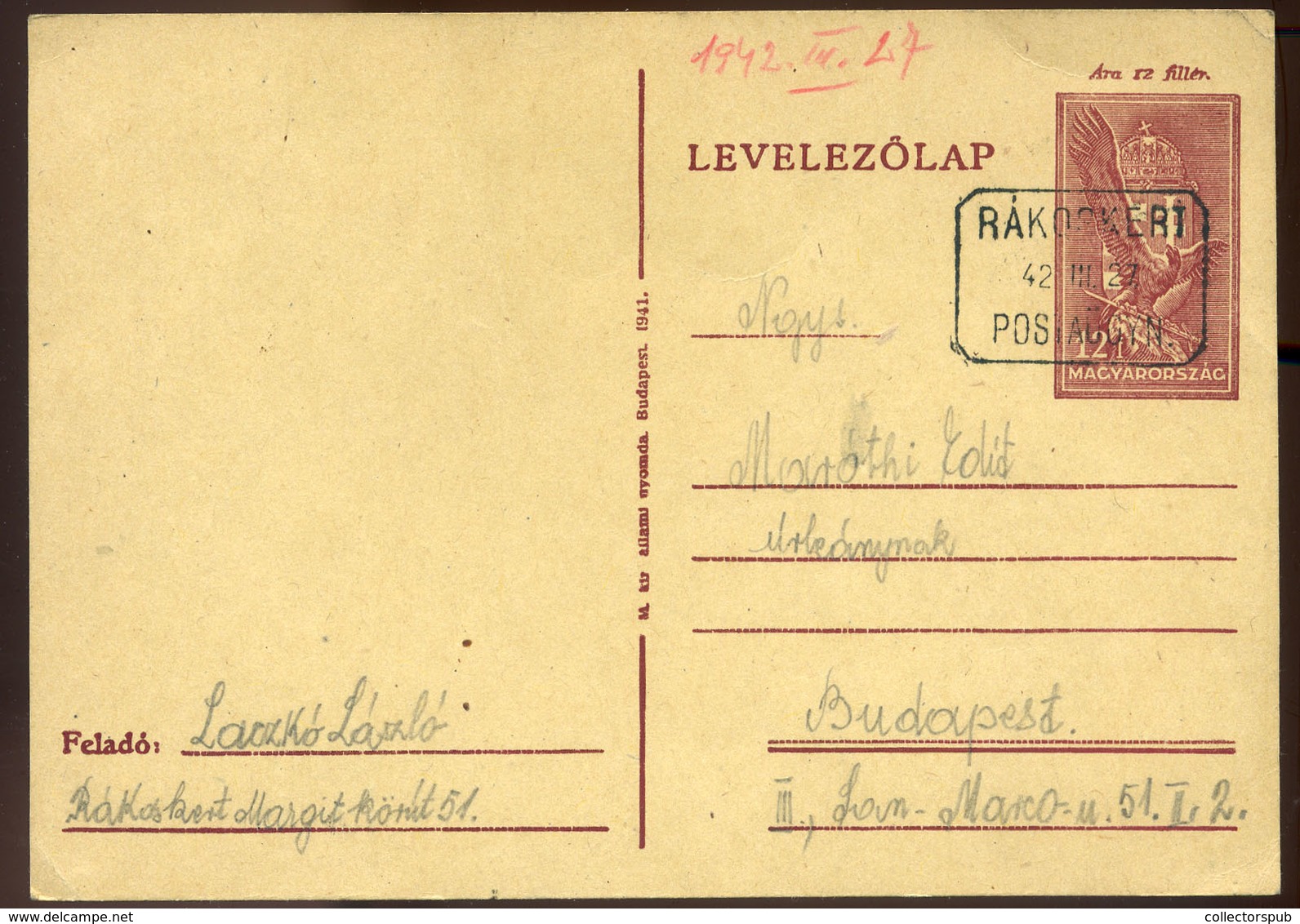 RÁKOSKERT 1942. Díjjegyes Levlap, Postaügynökségi Bélyegzéssel  /  RÁKOSKERT 1942 Stationery P.card Postal Agency Pmk - Covers & Documents