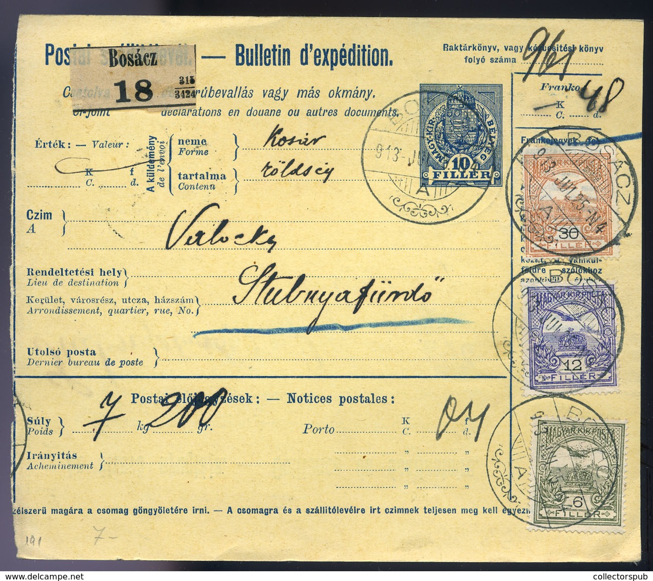 BOSÁC 1913. Csomagszállító Háromszínű Bérmentesítéssel Stubnyafürdőre Küldve  /  BOSÁC 1913 Parcel Postcard 3 Color Fran - Used Stamps