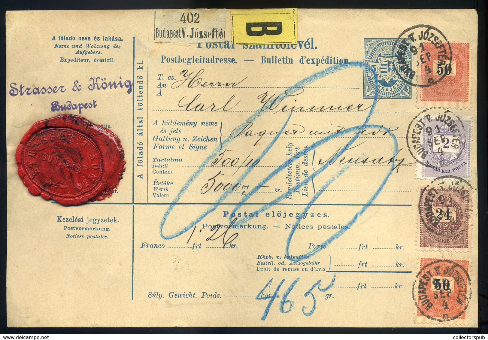 BUDAPEST 1891. Szelvényes Csomagszállító Négybélyeges Bérmentesítéssel Újvidékre Küldve. Szép! Strasser /  BUDAPEST 1891 - Used Stamps