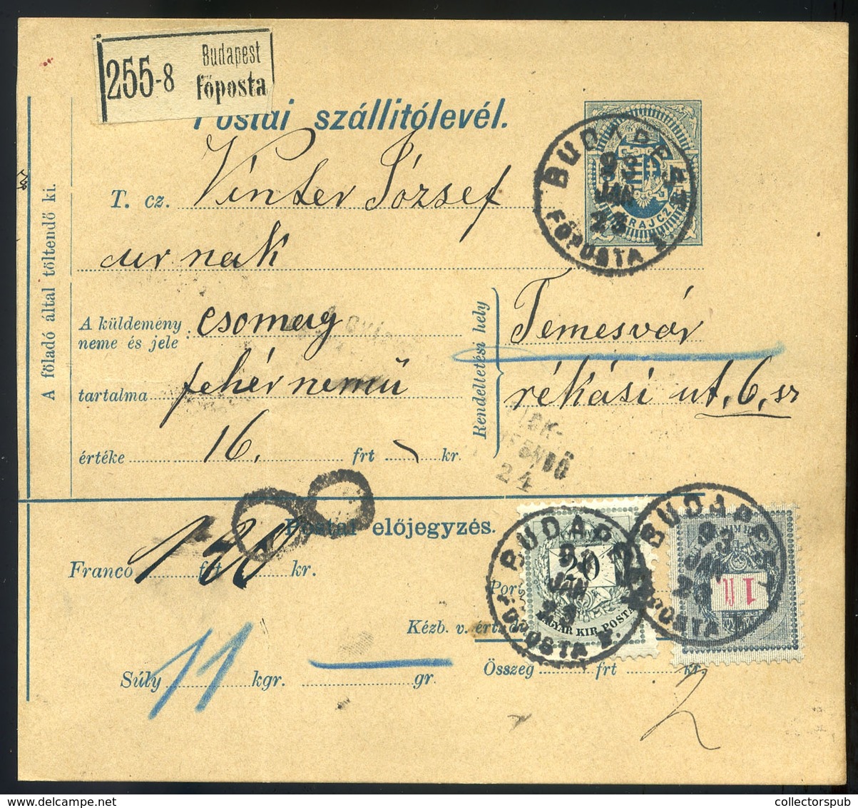 BUDAPEST 1893. Csomagszállító 1Ft + 20Kr Temesvárra Küldve  /  BUDAPEST 1893 Parcel P.card 1Ft + 20 Kr To Temesvár - Used Stamps