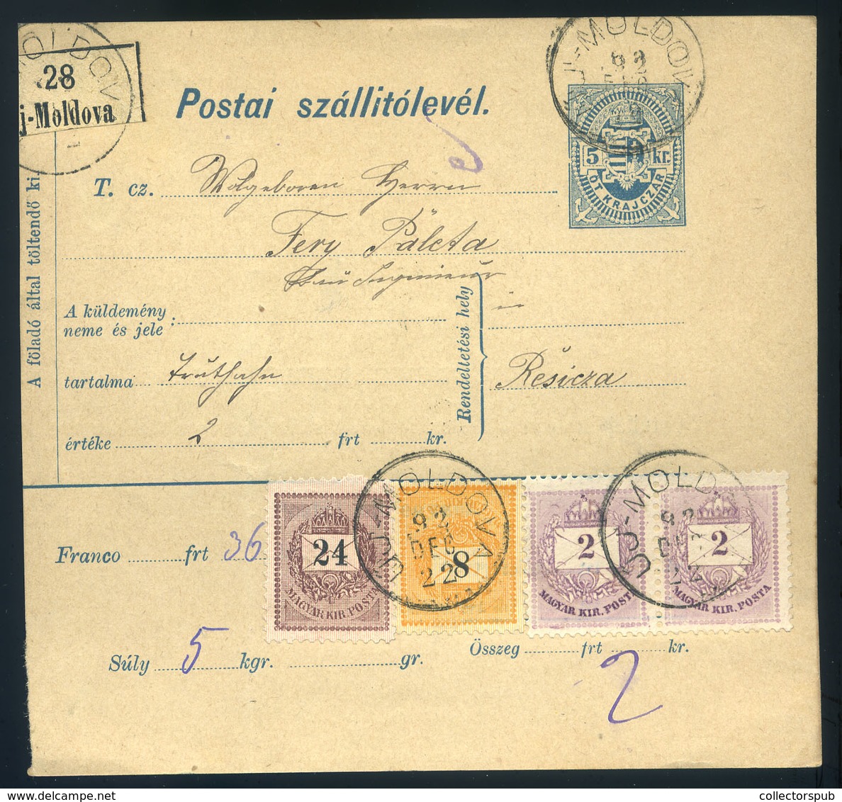 ÚJMOLDOVA 1892 Csomagszállító, Szép Krajcáros Bérmentesítéssel Resicára Küldve  /  ÚJMOLDOVA 1892 Parcel P.card Nice Kr  - Used Stamps