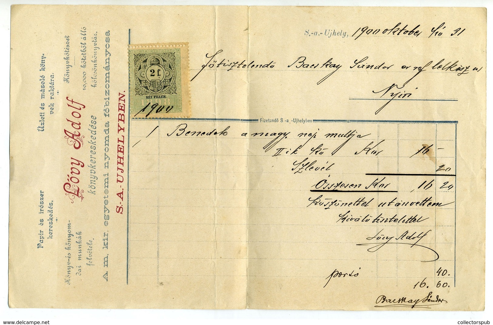 SÁTORALJAÚJHELY 1900. Lőwy Adolf Könyvkereskedés, Fejléces, Céges Számla  /  1900 Adolf Lőwy Book Store , Letterhead Cor - Unclassified