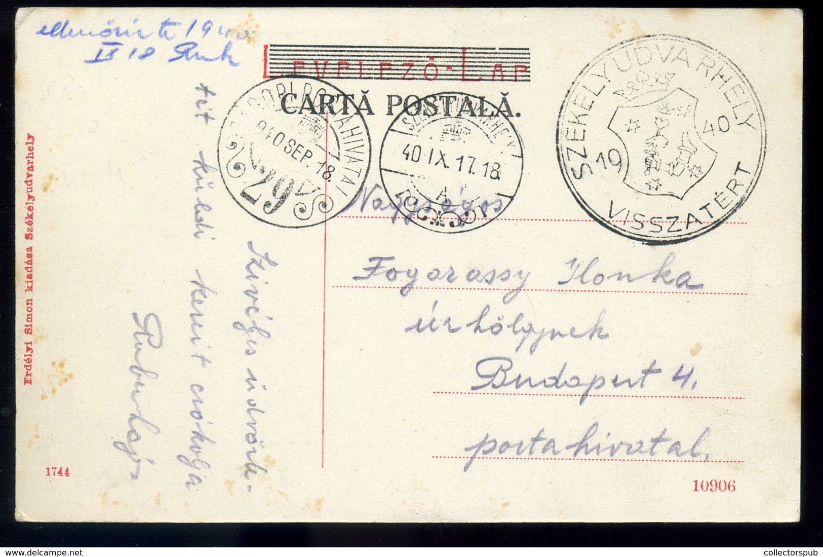 SZÉKELYUDVARHELY 1940. Régi Képeslap, Visszatért és Tábori Posta Bélyegzéssel Budapestre  /  1940 Vintage Pic. P.card Mi - Covers & Documents
