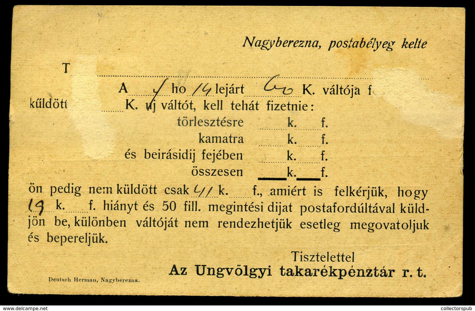 NAGYBEREZNA 1907. Céges Levlap Nádudvarra Küldve  /  1907 Corp. P.card To Nádudvar - Used Stamps