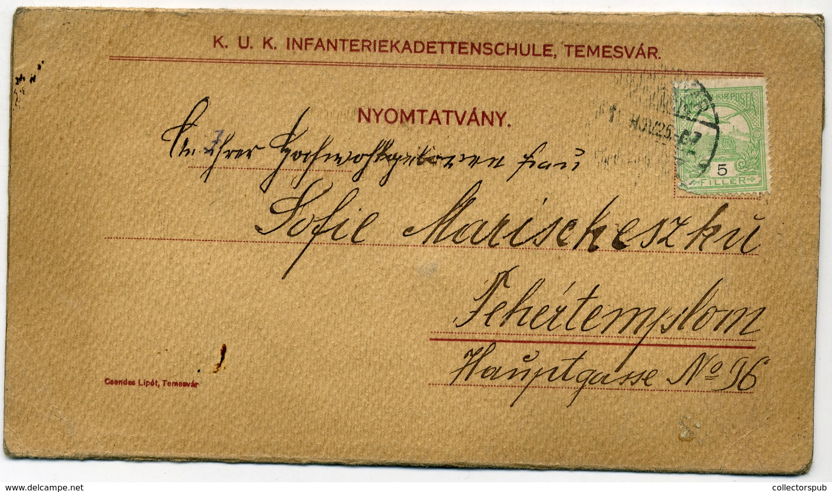 TEMESVÁR I.VH Kadettiskola  Fotós Nyomtatvány Fehértemplomra Küldve  /  WW I Cadet School Photo Document To Fehértemplom - Used Stamps