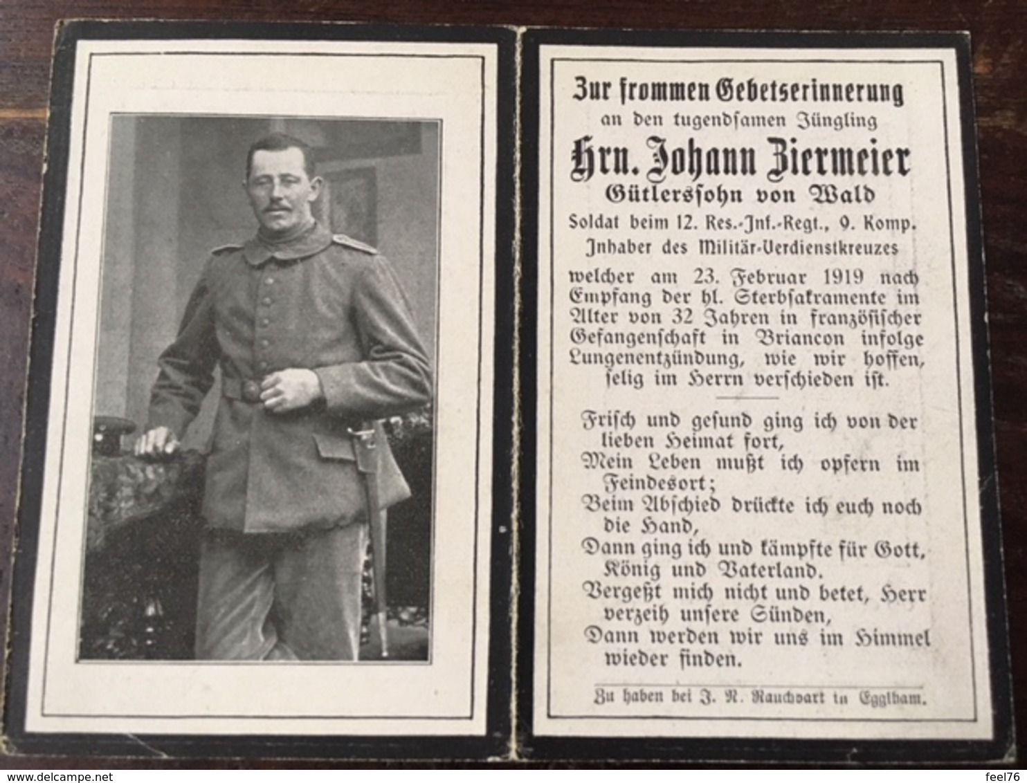 Sterbebild Wk1 Bidprentje Avis Décès Deathcard RIR12 BRIANCON Französische Gefangenschaft Lungenentzündung Aus Wald 1919 - 1914-18