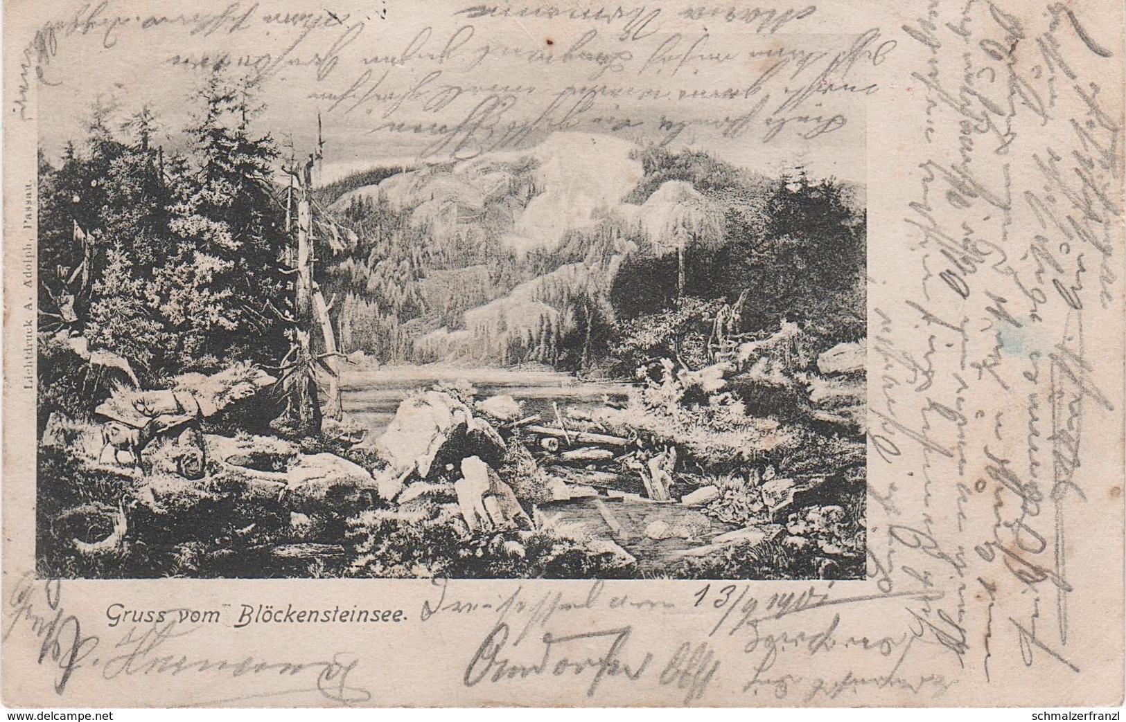 Litho AK Gruß Blöckensteinsee Plöckensteinsee Plešné Jezero A Neuofen Nova Pec Sumava Böhmerwald Stempel Neureichenau - Sudeten