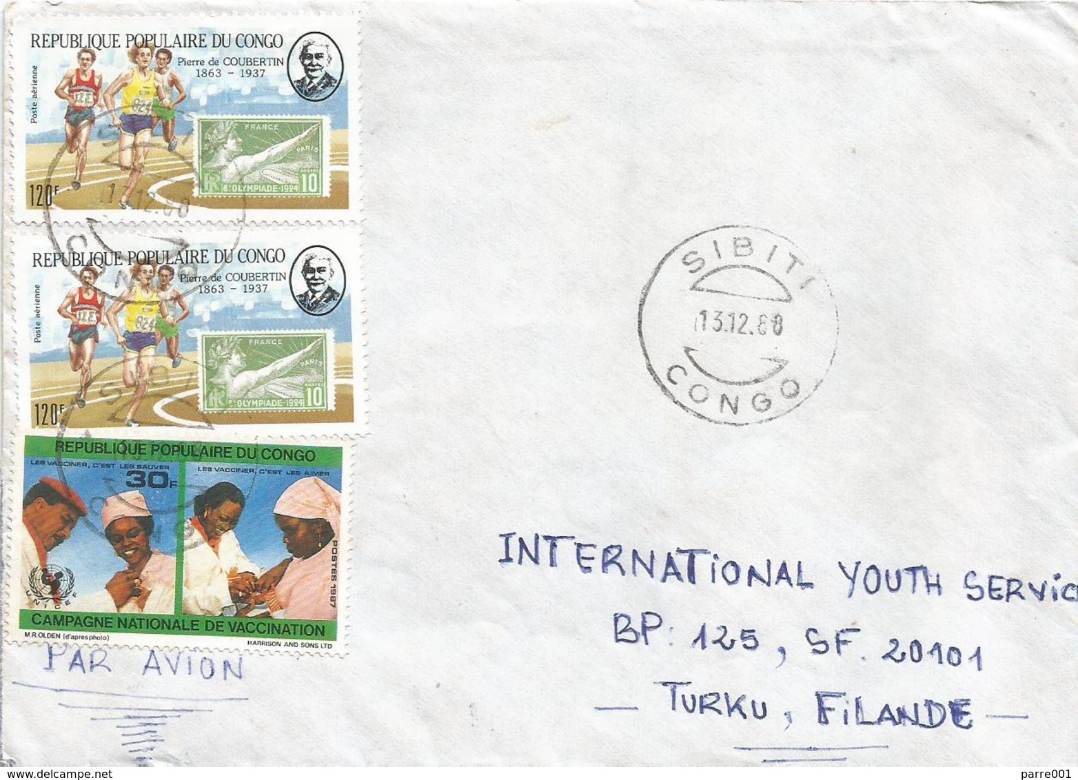 Congo 1988 Sibiti Coubertin Stamps On Stamps Olympic UNICEF Vaccination Cover - Afgestempeld