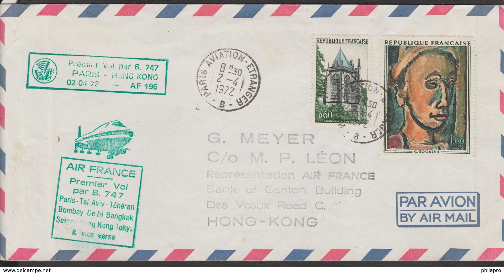 First Flight  PARIS -HONGKONG  VIA SAIGON  By  AIR FRANCE  02/04/1972    Réf  FL6  See Two Scans - Storia Postale