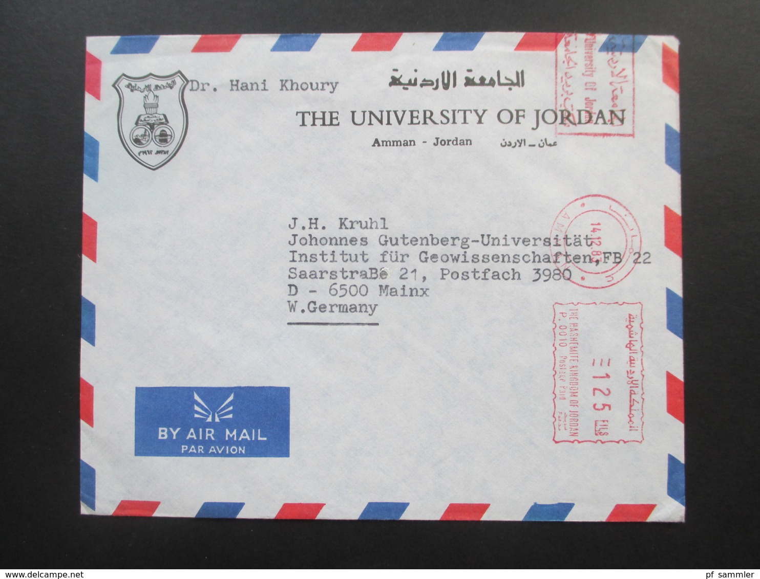 Jordanien 1983 Air Mail The University Of Jordan. Roter Freistempel 125 Fils. Dr. Hani Khoury - Jordania