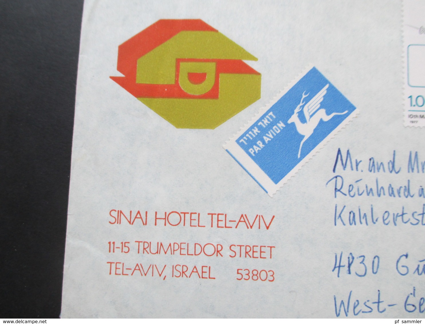 Israel 1977 Air Mail / Luftpost Umschlag Des Sinai Hotel Tel-Aviv Hotelumschlag - Cartas & Documentos