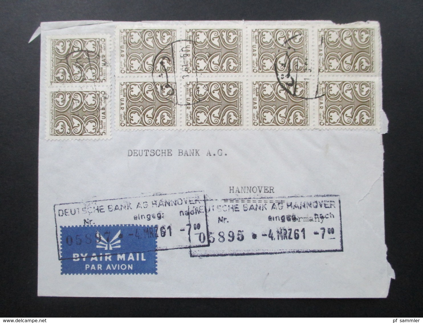 Syrien / UAR 1961 Air Mail / Luftpost Societe De Banques Reunies S.A.S. Damas. Marke Als 8er Block - Syrie