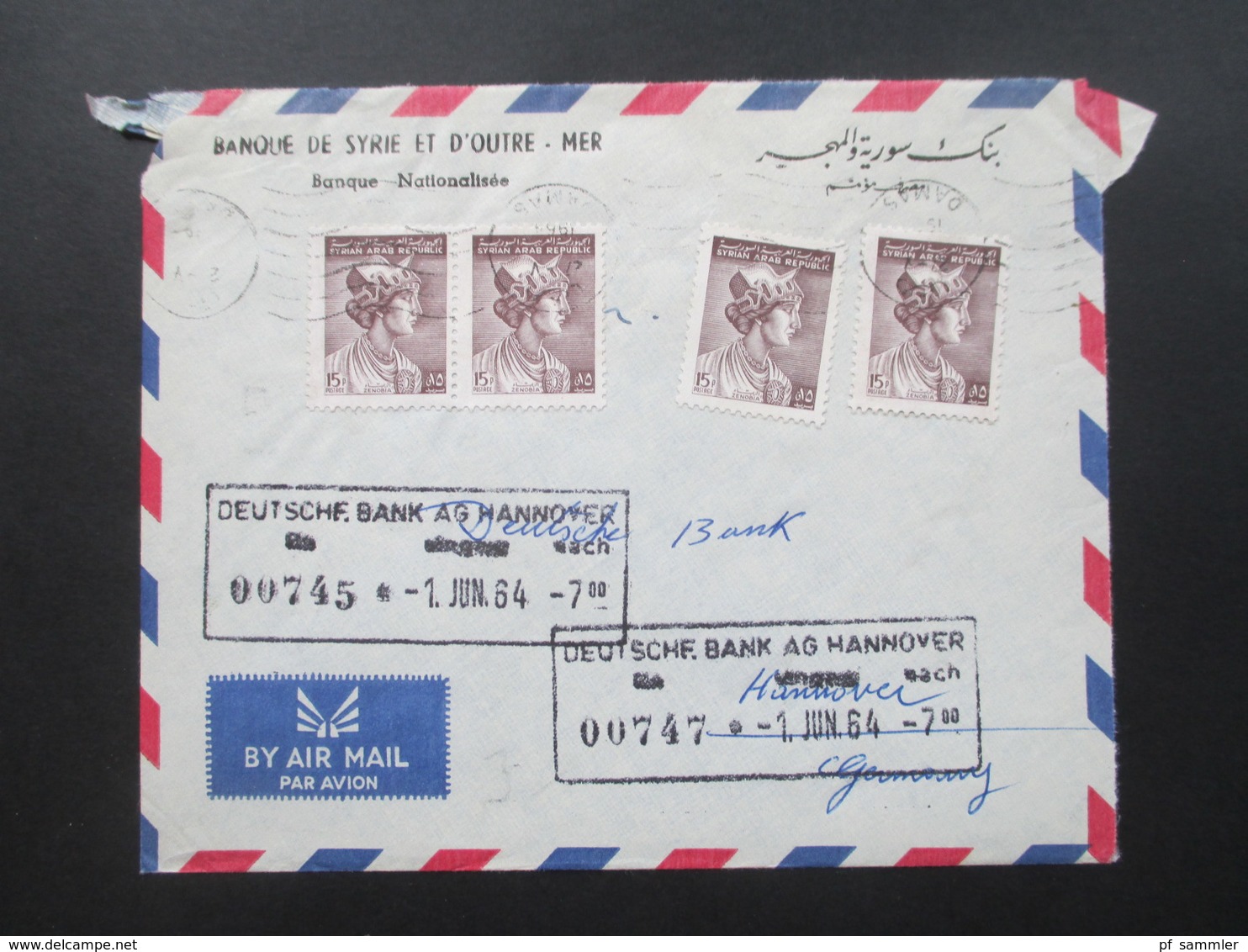 Syrien 1964 Air Mail / Luftpost Banque De Syrie Et D'Outre - Mer. Damas - Hannover Deutsche Bank - Syrië