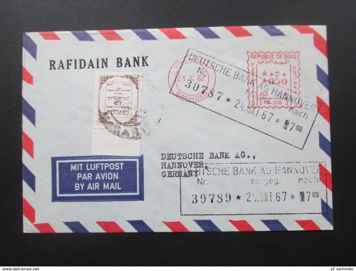 Irak / Iraq 1967 Air Mail / Luftpost Rafidan Bank. Roter Freistempel Baghdad. Marke Als Randstück / Oberrand - Iraq