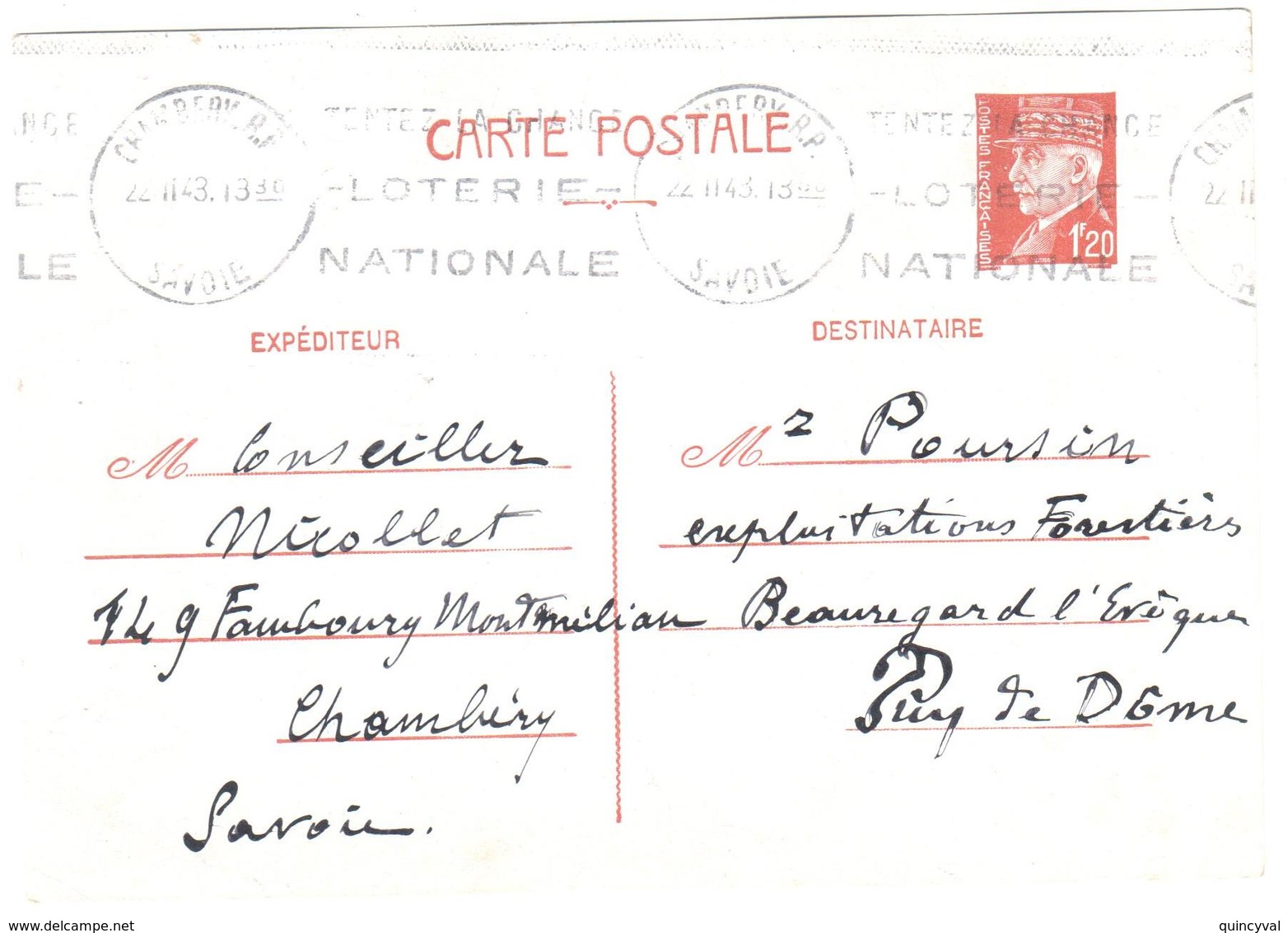 CHAMBERY RP Entier Carte Postale 1,20 F Pétain Yv 515-CP1 Ob Meca Dreyfus CHA212 Ob 24 2 1943 - Briefe U. Dokumente