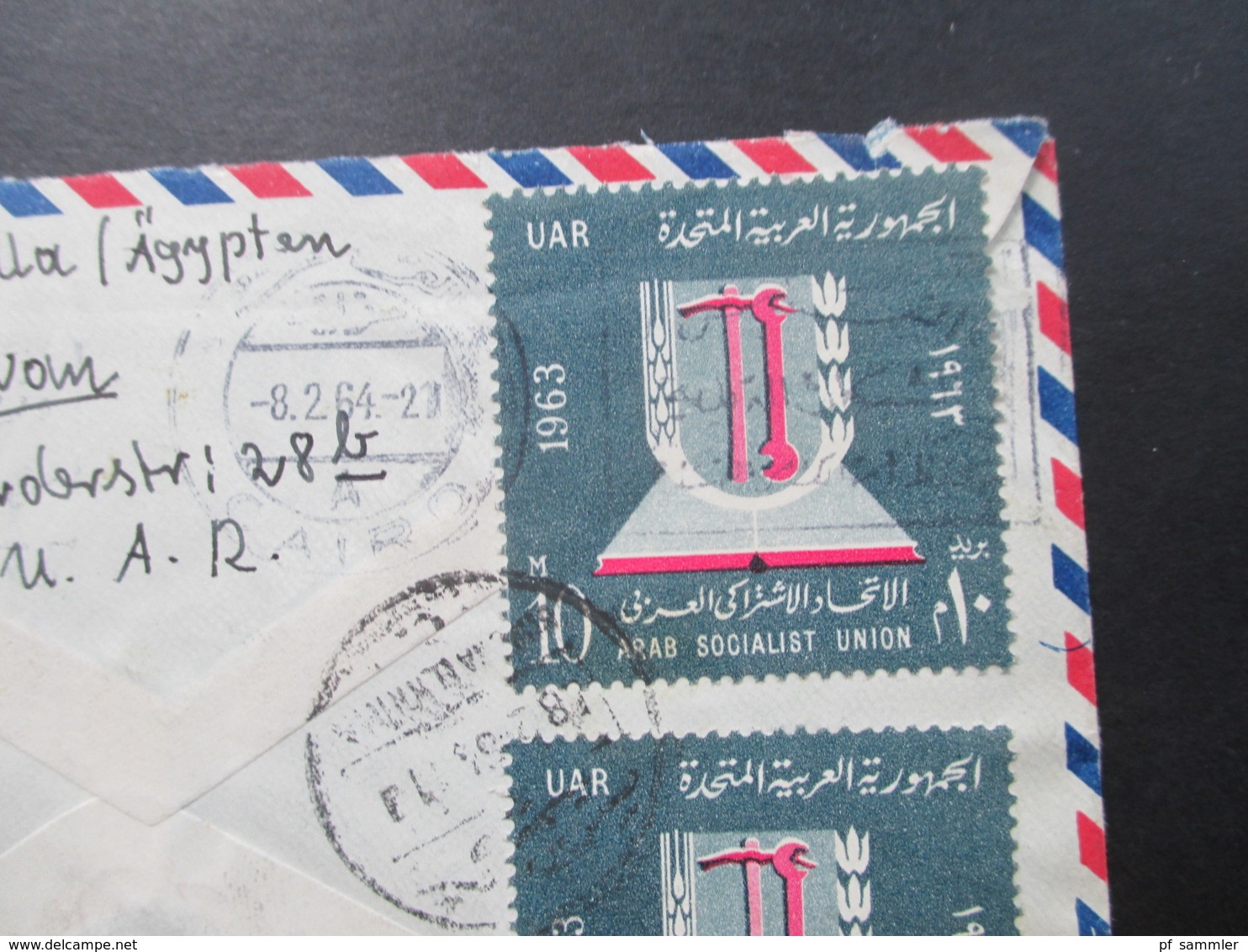 Ägypten / UAR 1964 Air Mail / Luftpost mit 9 Marken / schöne Frankatur und interessante Stempel!!