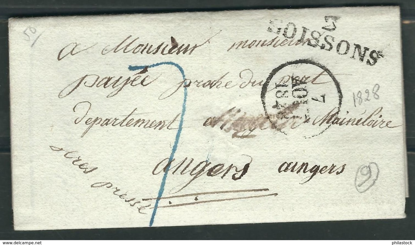 FRANCE 1828 Marque Postale Taxée De Soissons - 1801-1848: Précurseurs XIX