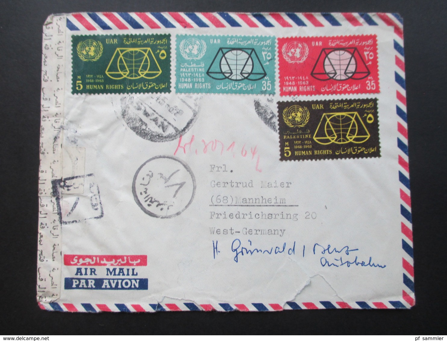 Ägypten / UAR 1964 Air Mail / Luftpost Mit 9 Marken / Schöne Frankatur Und Interessante Stempel!! Zensur - Briefe U. Dokumente