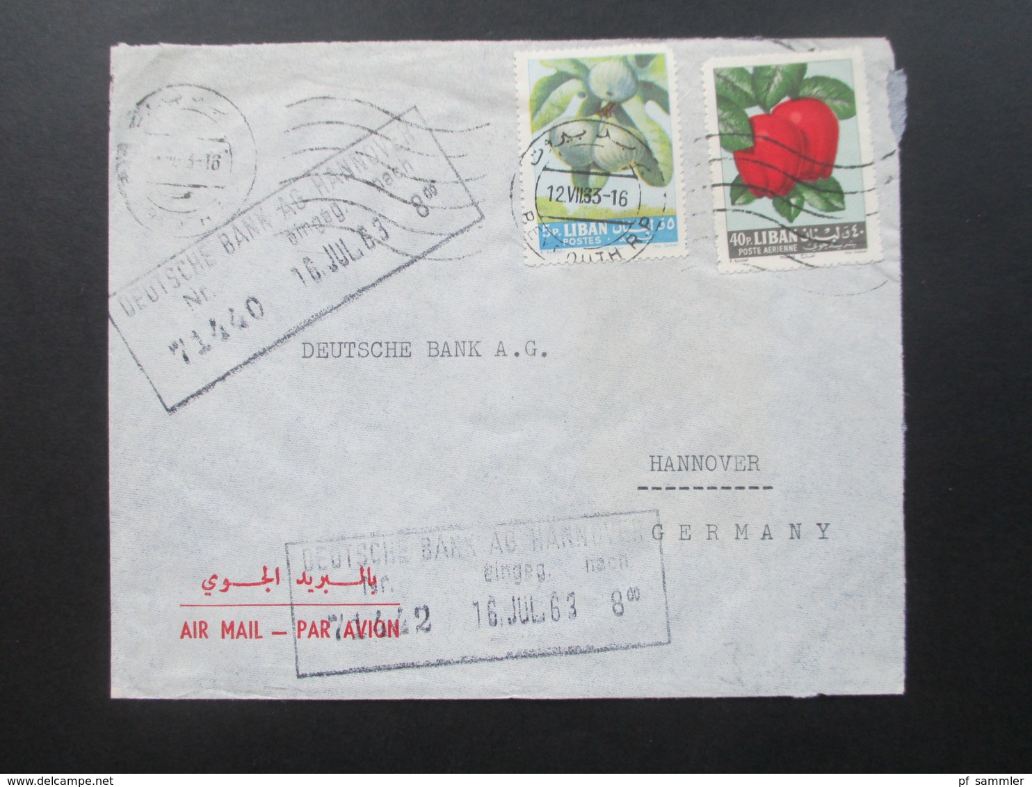 Libanon 1963 Luftpost / Air Mail Arab Bank Ltd. Beirut. Motivmarken Früchte / Obst. An Die Deutsche Bank Hannover - Libano